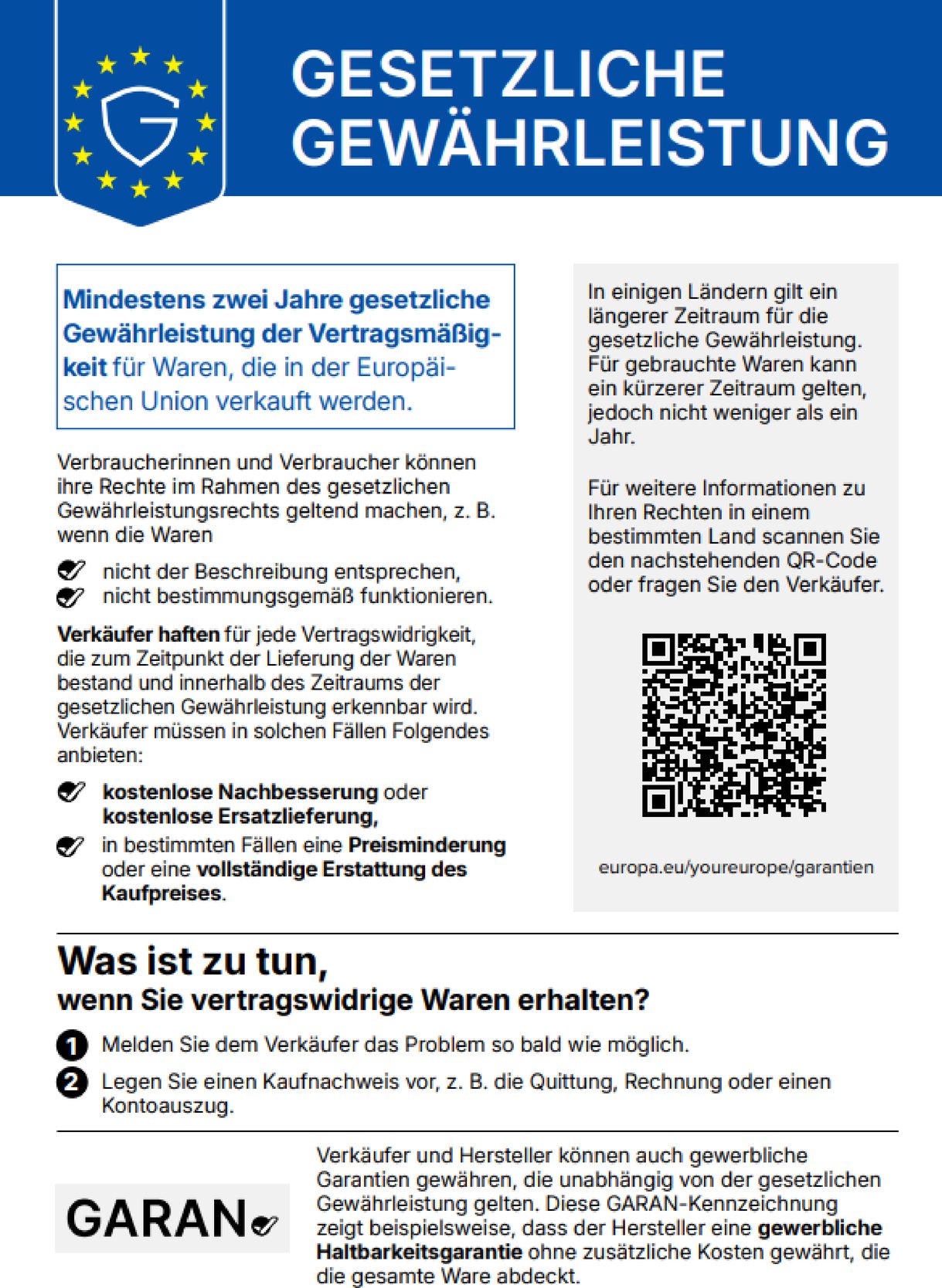 Information on the<br/>statutory warranty